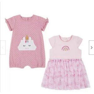 KIDS HEADQUARTERS GIRLS 2 PC DRESS/ROMPER UNICORN/RAINBOW SET(PINK 18M)